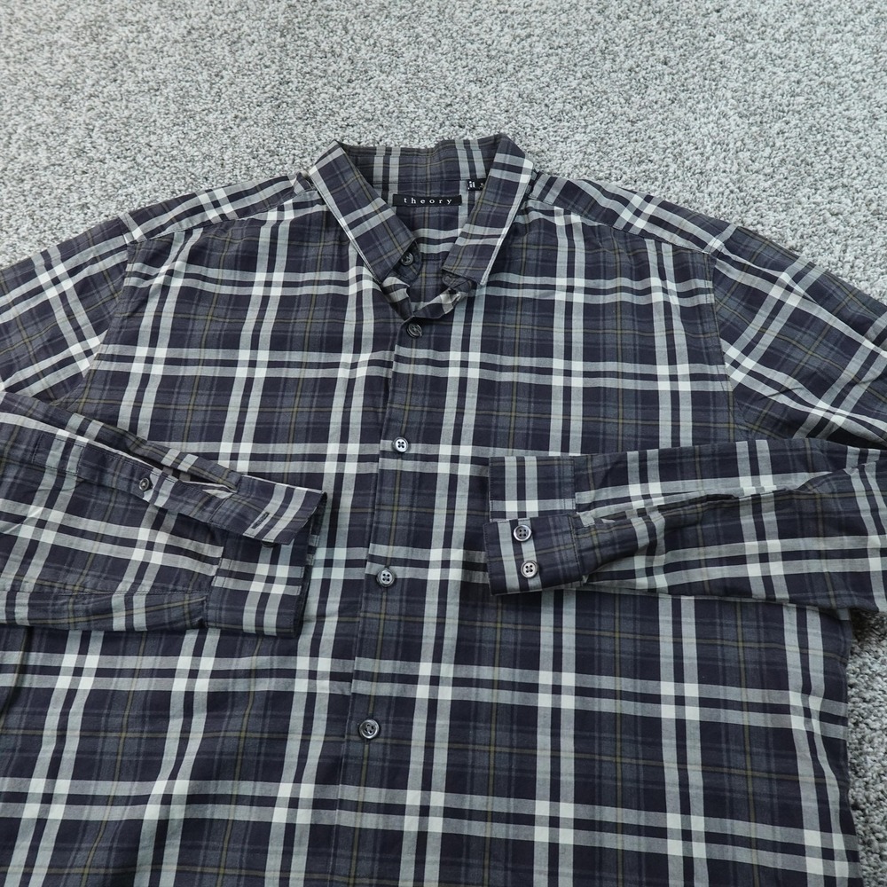 Theory Shirt Mens XL Blue Plaid Long Sleeve Collared Button Up Casual Preppy Top